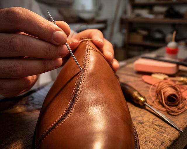 Cucitura manuale di una tomaia in pelle con filo resistente nel laboratorio di Putignano