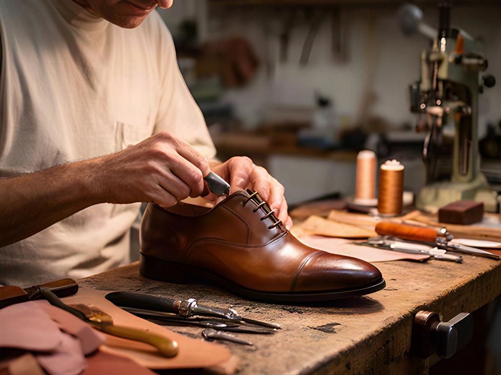 Artigiano che rifinisce una scarpa in pelle sul banco di lavoro a Putignano