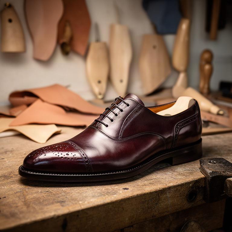 Scarpa elegante stringata in pelle lucida su banco artigianale